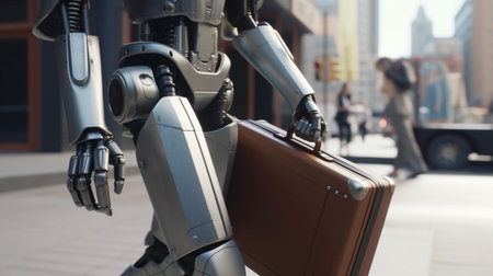 Robot with briefcase in the city. Generative AIの素材