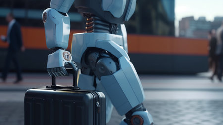 Robot with briefcase in the city. Generative AIの素材