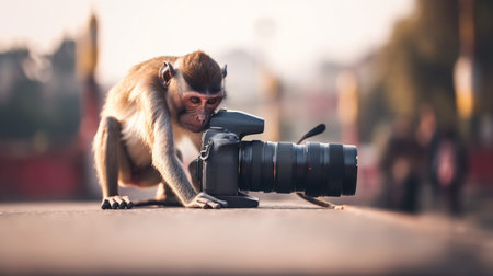 Monkey taking photo with a camera. Generative AIの素材