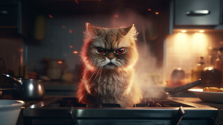 Cat cooking in the kitchen. Generative AIの素材