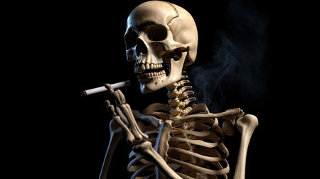 Human skeleton smoking a cigarette. Generative AIの素材