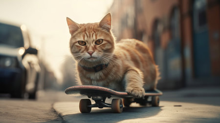 A cat is riding skateboard in the city. Generative AIの素材