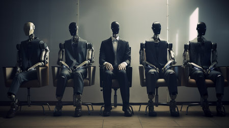 Robots sitting in a waiting room. job interview. Generative AIの素材