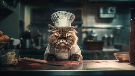 Cat cooking in the kitchen. Generative AIの素材
