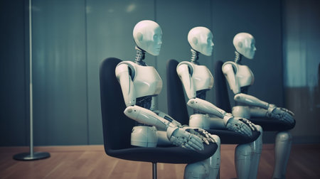 Robots sitting in a waiting room. job interview. Generative AIの素材