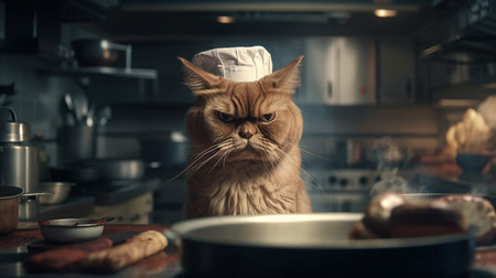 Cat cooking in the kitchen. Generative AIの素材