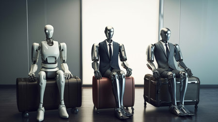 Robots sitting in a waiting room. job interview. Generative AIの素材