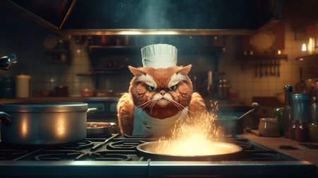 Cat cooking in the kitchen. Generative AIの素材