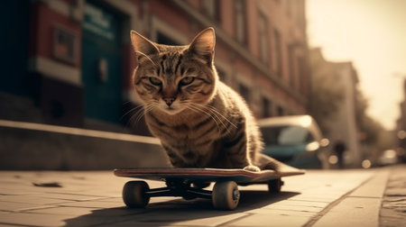 A cat is riding skateboard in the city. Generative AIの素材