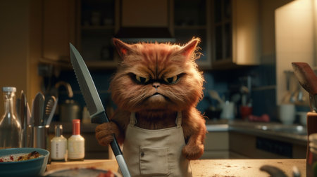 Cat cooking in the kitchen. Generative AIの素材