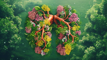Lungs made from flowers and nature. Generative AIの素材