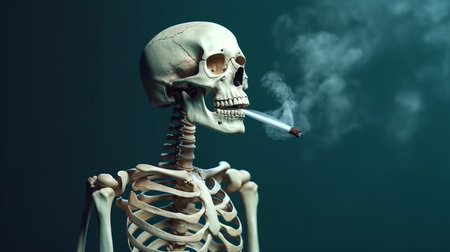 Human skeleton smoking a cigarette. Generative AIの素材