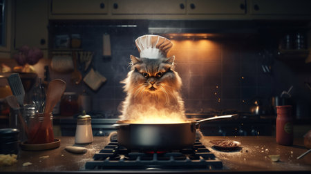 Cat cooking in the kitchen. Generative AIの素材