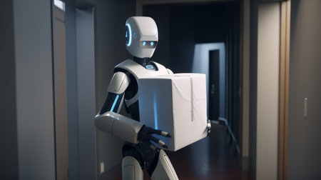 Delivery humanoid robot with a box. Generative AIの素材