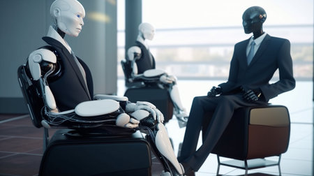 Robots sitting in a waiting room. job interview. Generative AIの素材