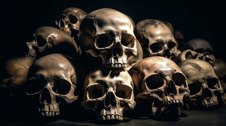 Many human skulls. Halloween concept. Generative AIの素材