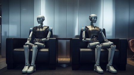 Robots sitting in a waiting room. job interview. Generative AIの素材