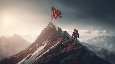 Hiker with a flag on top of the mountain. Generative AIの素材