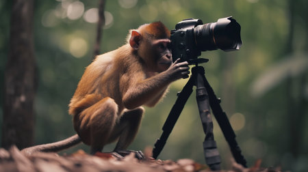 Monkey taking photo with a camera. Generative AIの素材