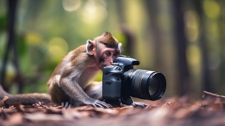 Monkey taking photo with a camera. Generative AIの素材