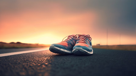 Running shoes on the road. Sport and healthy lifestyle concept. Generative AIの素材
