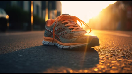 Running shoes on the road. Sport and healthy lifestyle concept. Generative AIの素材
