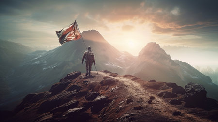 Hiker with a flag on top of the mountain. Generative AIの素材