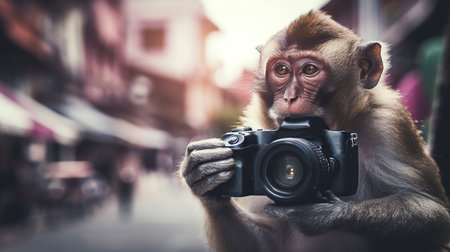 Monkey taking photo with a camera. Generative AIの素材
