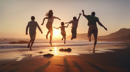 Back view of the family at the sea. Generative AIの素材