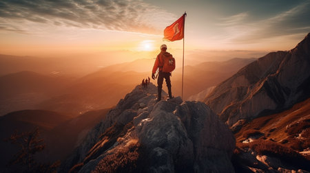 Hiker with a flag on top of the mountain. Generative AIの素材