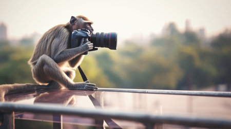 Monkey taking photo with a camera. Generative AIの素材