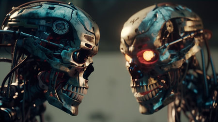 Two futuristic robot screams each other. Generative AIの素材