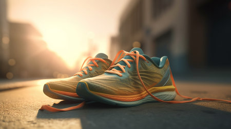 Running shoes on the road. Sport and healthy lifestyle concept. Generative AIの素材