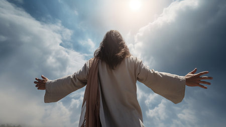 Back view of Jesus looking at the sky. Generative AIの素材