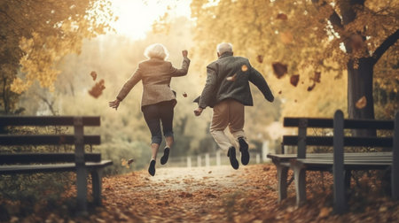 Back view of senior couple jumping outdoors. Generative AIの素材