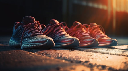 Running shoes on the road. Sport and healthy lifestyle concept. Generative AIの素材