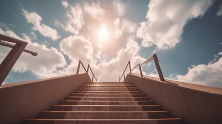 Staircase leading up to the sky with sun rays and clouds. Generative AIの素材