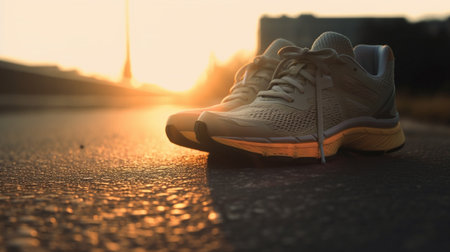 Running shoes on the road. Sport and healthy lifestyle concept. Generative AIの素材