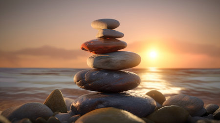 Stack of stones on the beach at sunset. Stack of zen stones. Generative AIの素材