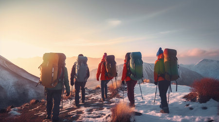 Group of hikers walking on a trail in the snow. Generative AIの素材