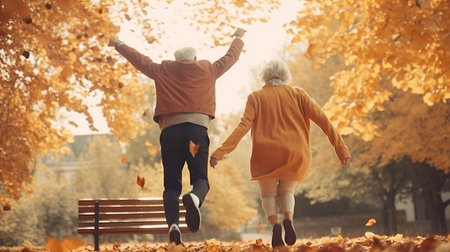 Back view of senior couple jumping outdoors. Generative AIの素材