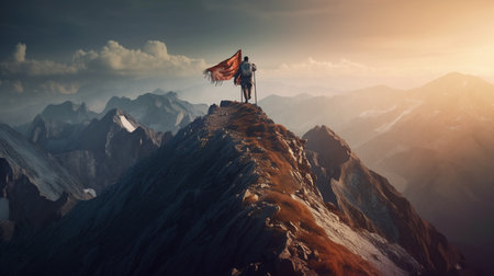 Hiker with a flag on top of the mountain. Generative AIの素材