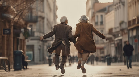 Back view of senior couple jumping outdoors. Generative AIの素材
