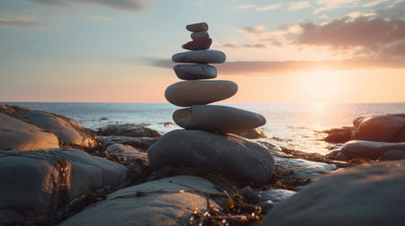 Stack of stones on the beach at sunset. Stack of zen stones. Generative AIの素材