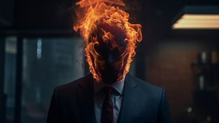 Businessman with burning head. overworked. stress. Generative AIの素材