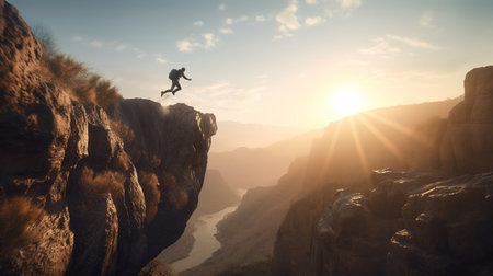 Climber jumping over a cliff. Sport and active life concept. Generative AIの素材