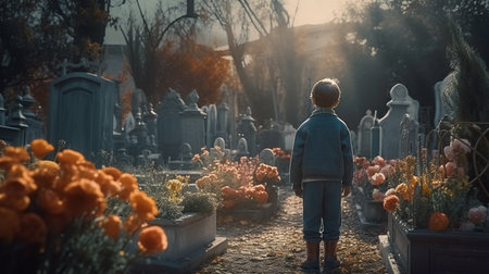 Little boy in the cemetery. Generative AIの素材