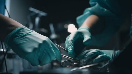 Surgeon hand medical gloves working in operating room. Generative AIの素材