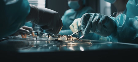 Surgeon hand medical gloves working in operating room. Generative AIの素材