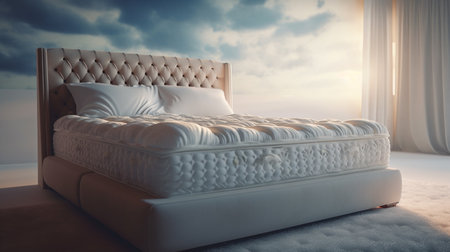 Comfortable bed with white pillows at room. Generative AIの素材